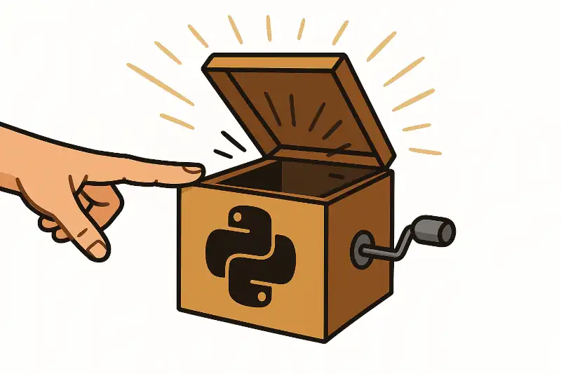 A closed box that suddenly springs open when touched—symbolizing a script that unexpectedly executes code when imported, rather than just sitting quietly as a module.