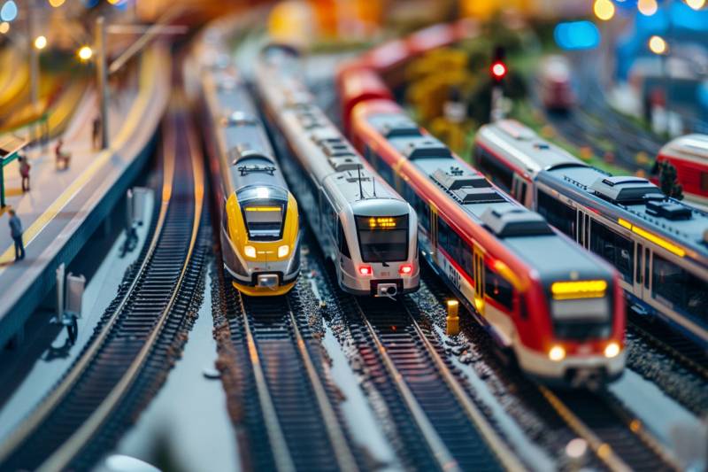 A multi-track railway with several trains running on different tracks, representing the multiple paths of execution in a multi-threaded program, with each train symbolizing a thread
