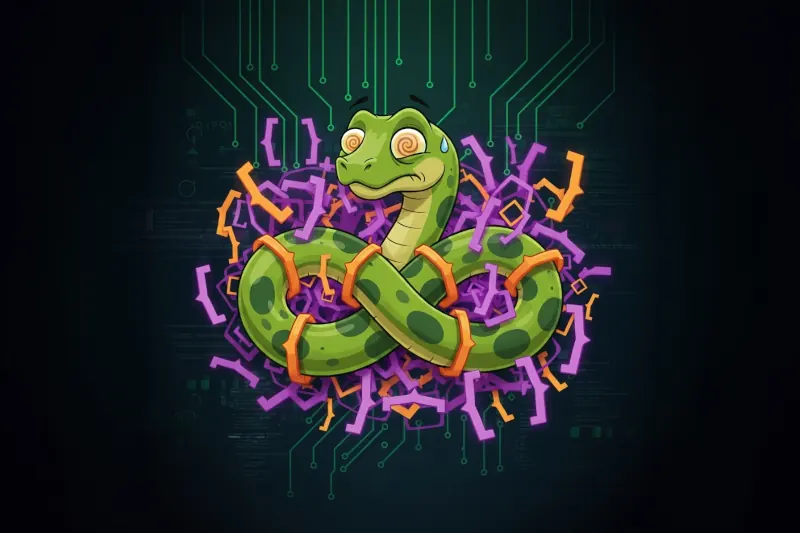 A cartoon snake getting itself hilariously tangled in curly braces representing JSON data.