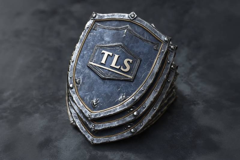 A stack of shields, each representing a different version of TLS, with the newest shield on top, illustrating how each version builds on the previous one to provide enhanced security